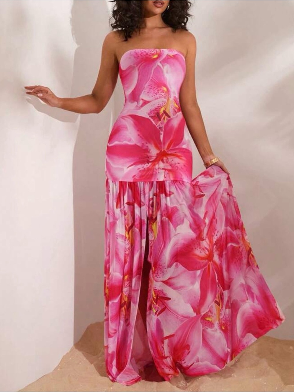 Pink Floral Strapless Maxi Dress